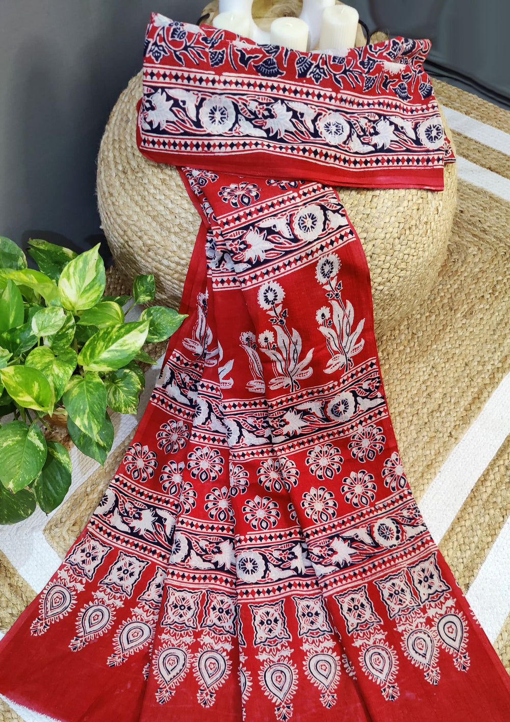 Ajrakh Handblock Printed Cotton Mulmul Saree- Mco2 Red - Wefta