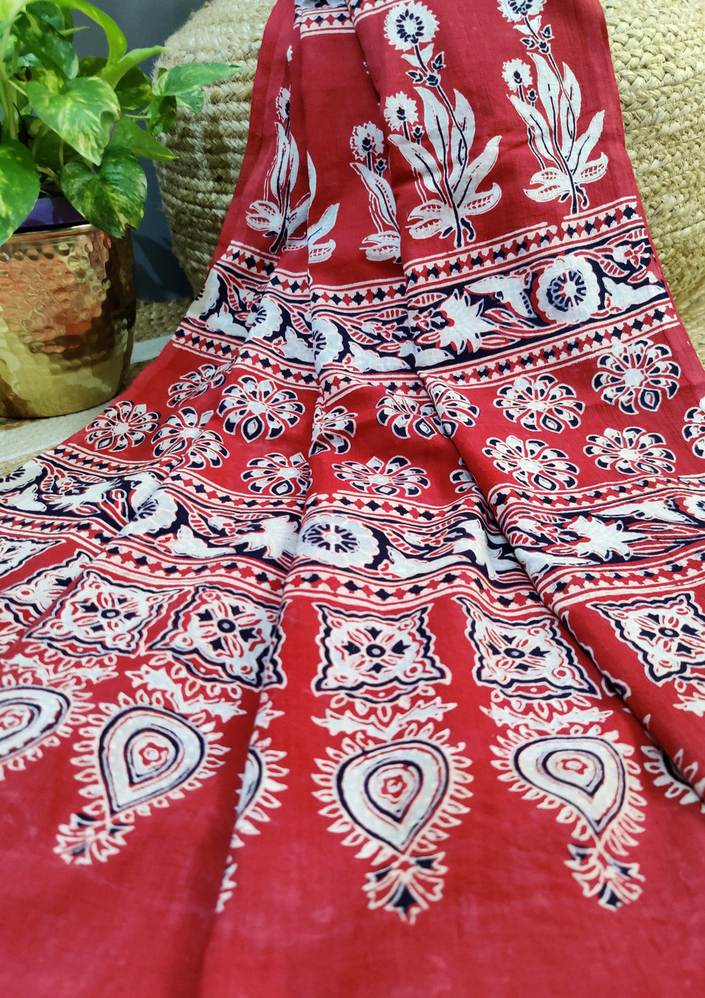 Ajrakh Handblock Printed Cotton Mulmul Saree- Mco2 Red - Wefta