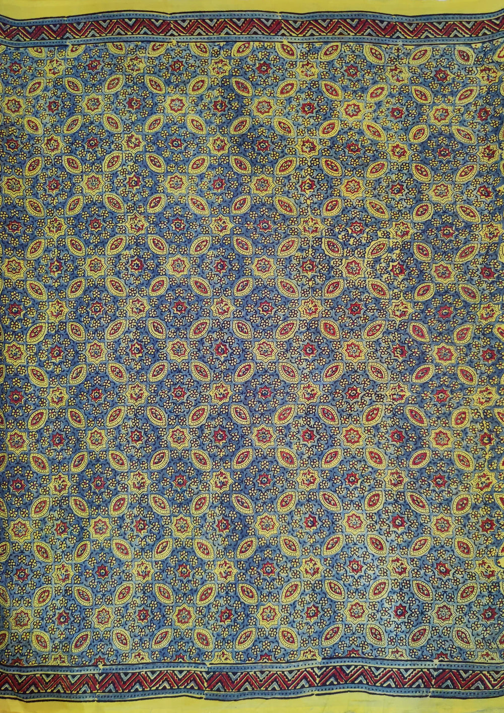 Ajrakh Handblock Printed Cotton Mulmul Saree- Mco3 Yellow - Wefta
