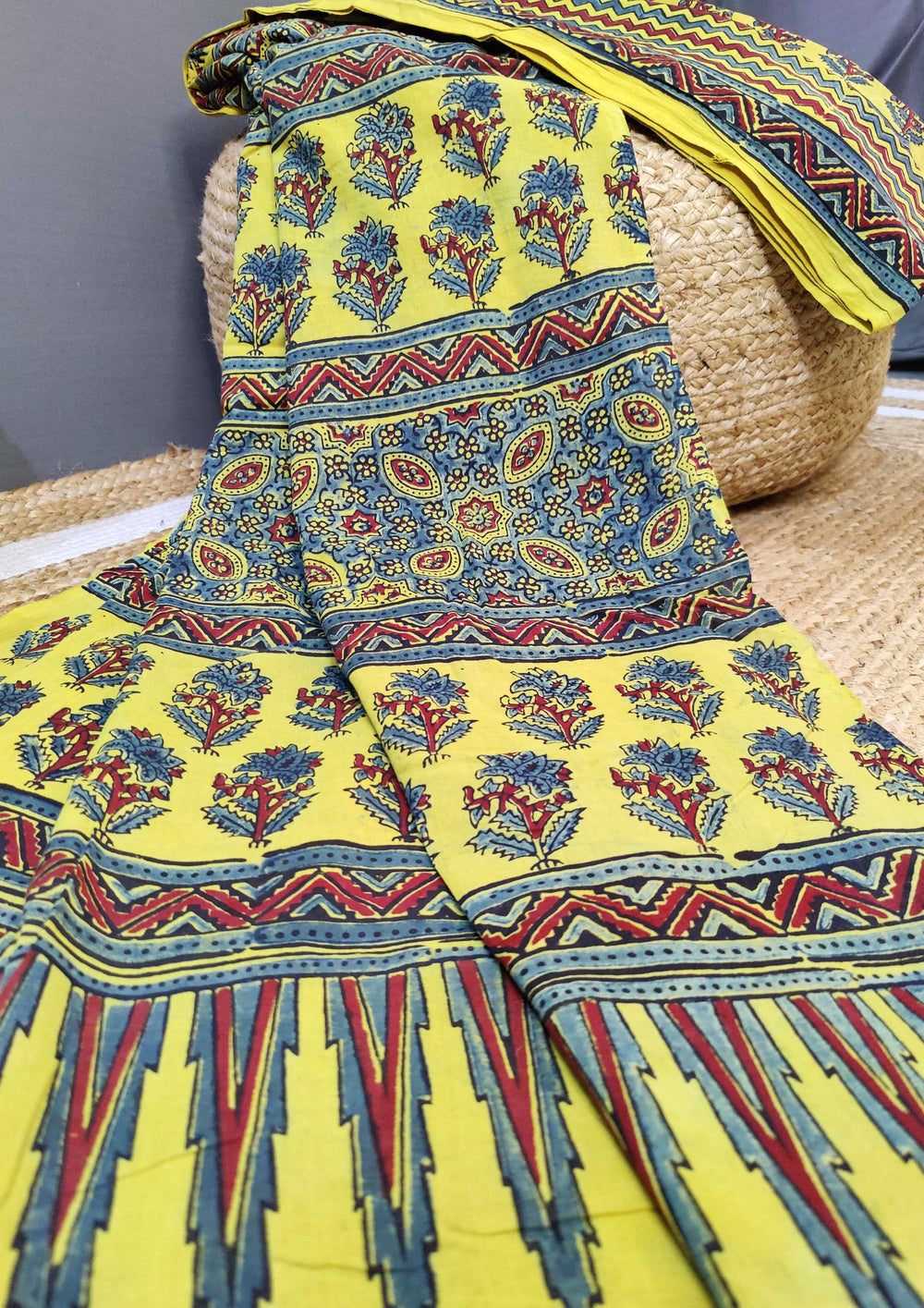 Ajrakh Handblock Printed Cotton Mulmul Saree- Mco3 Yellow - Wefta