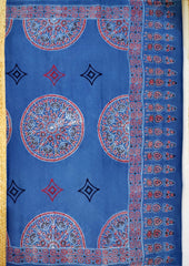 Ajrakh Handblock Printed Cotton Mulmul Saree - Mco4 Blue - Wefta