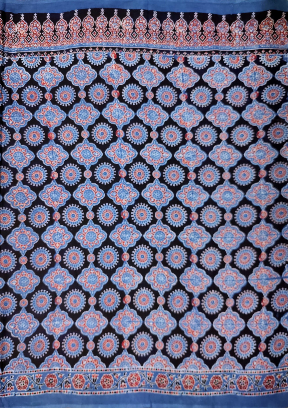 Ajrakh Handblock Printed Cotton Mulmul Saree- Mco6 Blue Red - Wefta