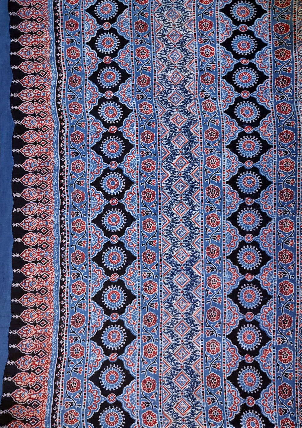 Ajrakh Handblock Printed Cotton Mulmul Saree- Mco6 Blue Red - Wefta