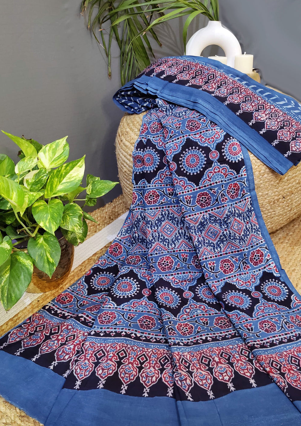 Ajrakh Handblock Printed Cotton Mulmul Saree- Mco6 Blue Red - Wefta