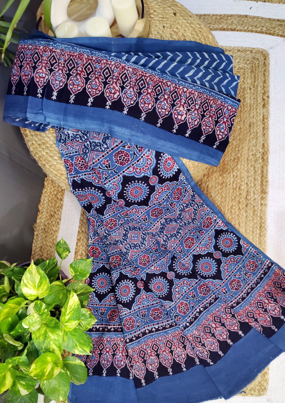 Ajrakh Handblock Printed Cotton Mulmul Saree- Mco6 Blue Red - Wefta