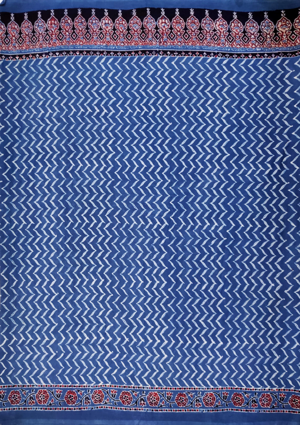 Ajrakh Handblock Printed Cotton Mulmul Saree- Mco6 Blue Red - Wefta