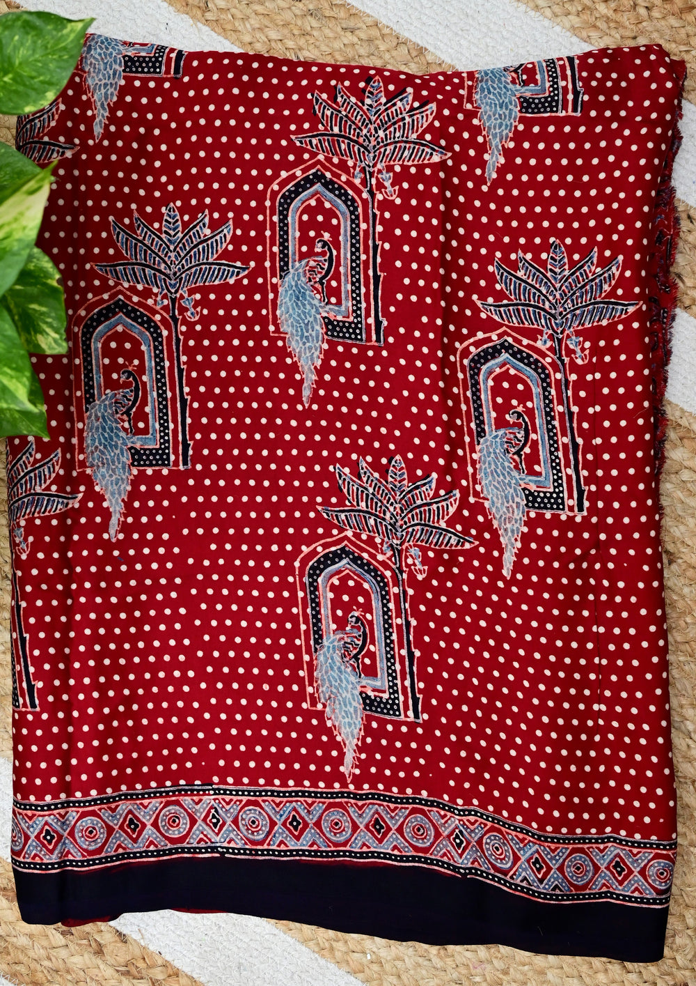 Ajrakh Handblock Printed Modal Saree- M1 Red - Wefta