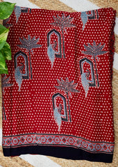 Ajrakh Handblock Printed Modal Saree- M1 Red - Wefta