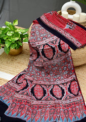 Ajrakh Handblock Printed Modal Saree- M1 Red - Wefta