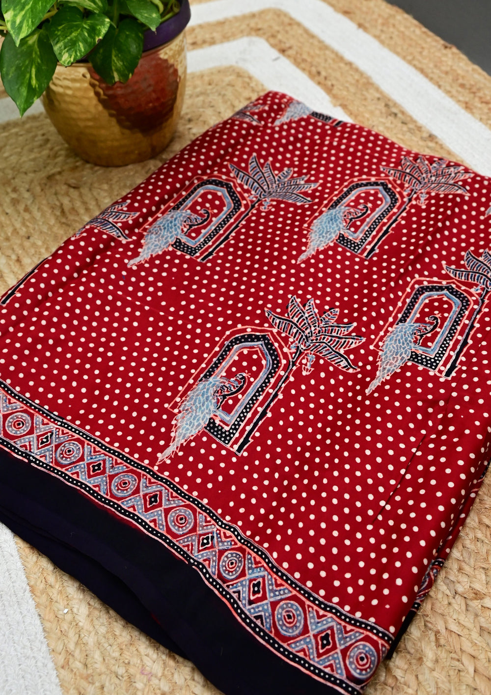 Ajrakh Handblock Printed Modal Saree- M1 Red - Wefta