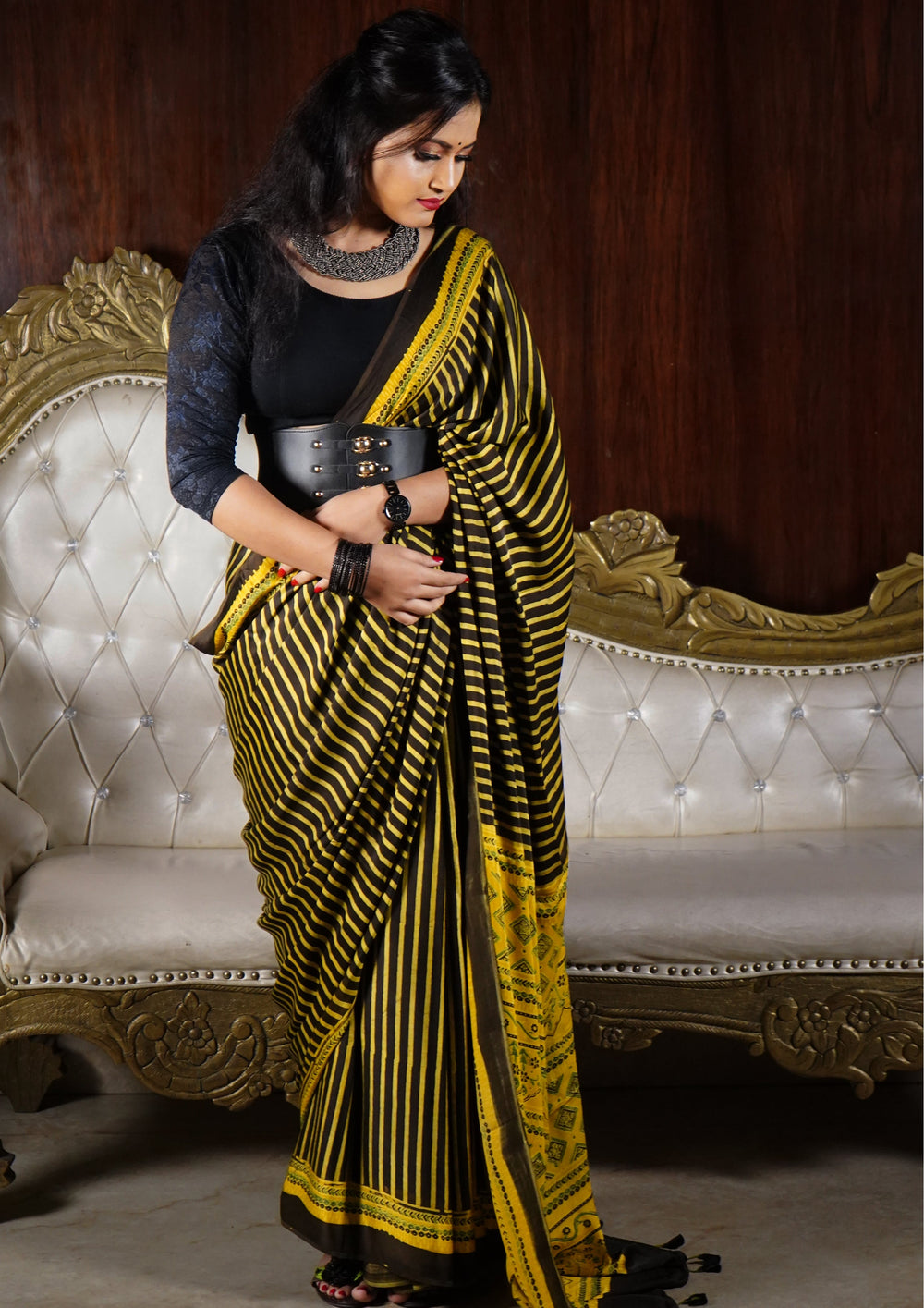 Ajrakh Handblock Printed Modal Saree - M10 Yellow - Wefta