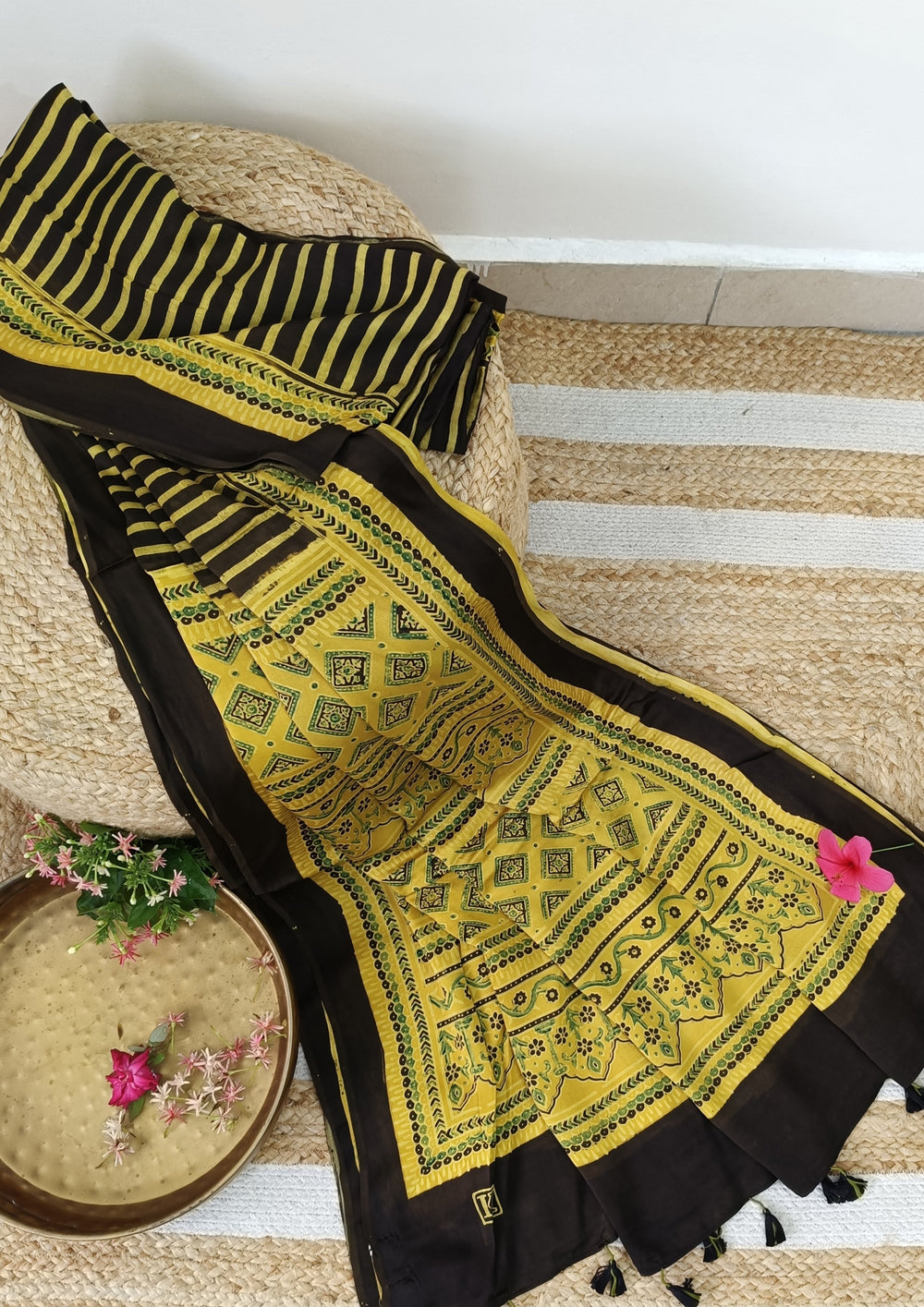 Ajrakh Handblock Printed Modal Saree - M10 Yellow - Wefta