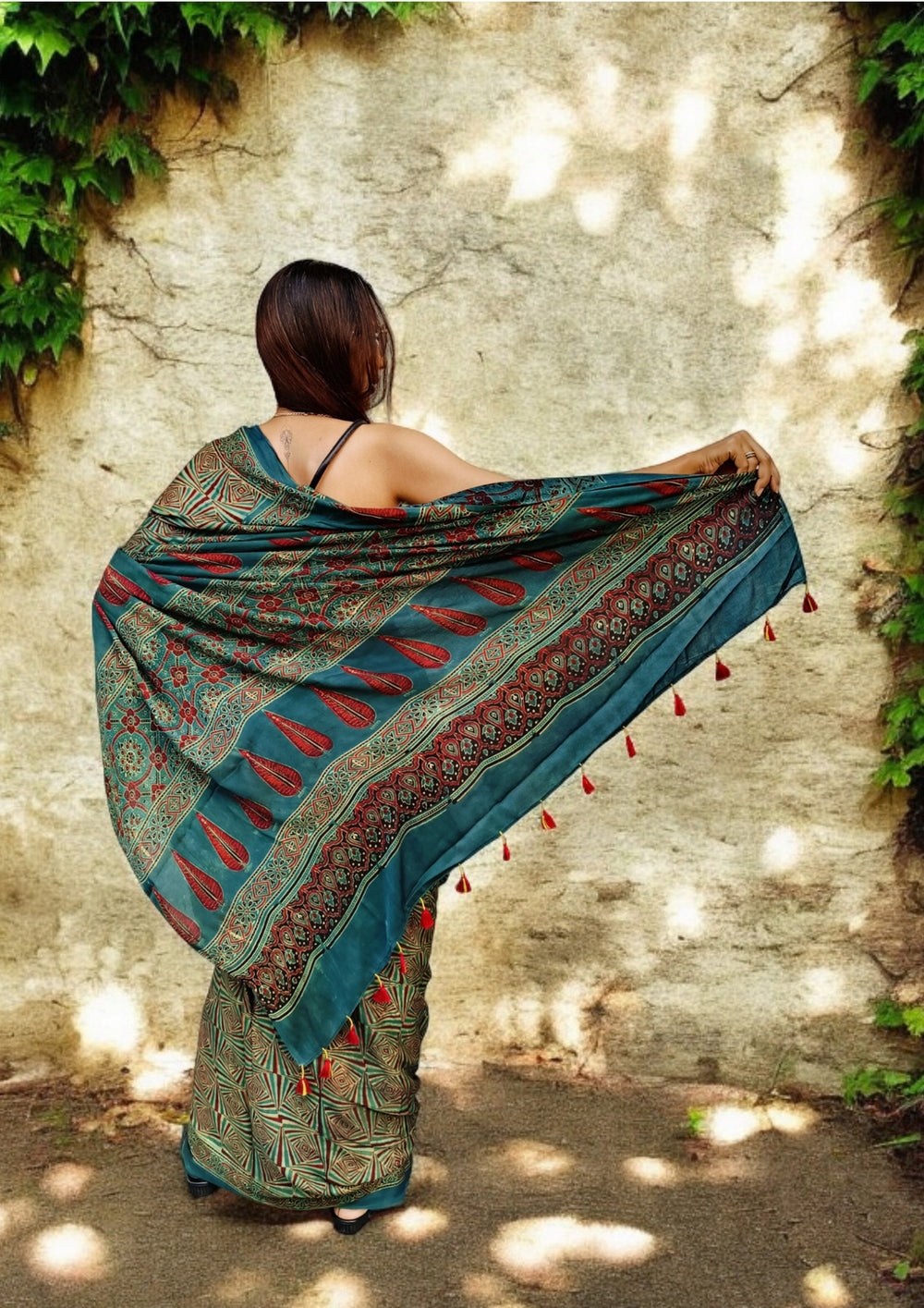 Ajrakh Handblock Printed Modal Saree- M12 Blue - Wefta