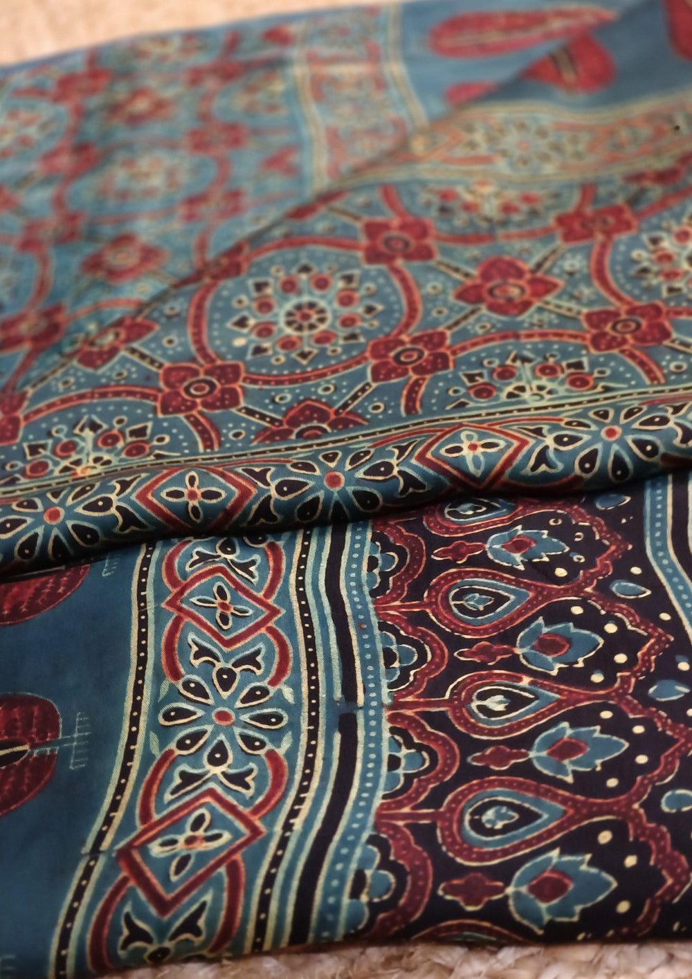 Ajrakh Handblock Printed Modal Saree- M12 Blue - Wefta