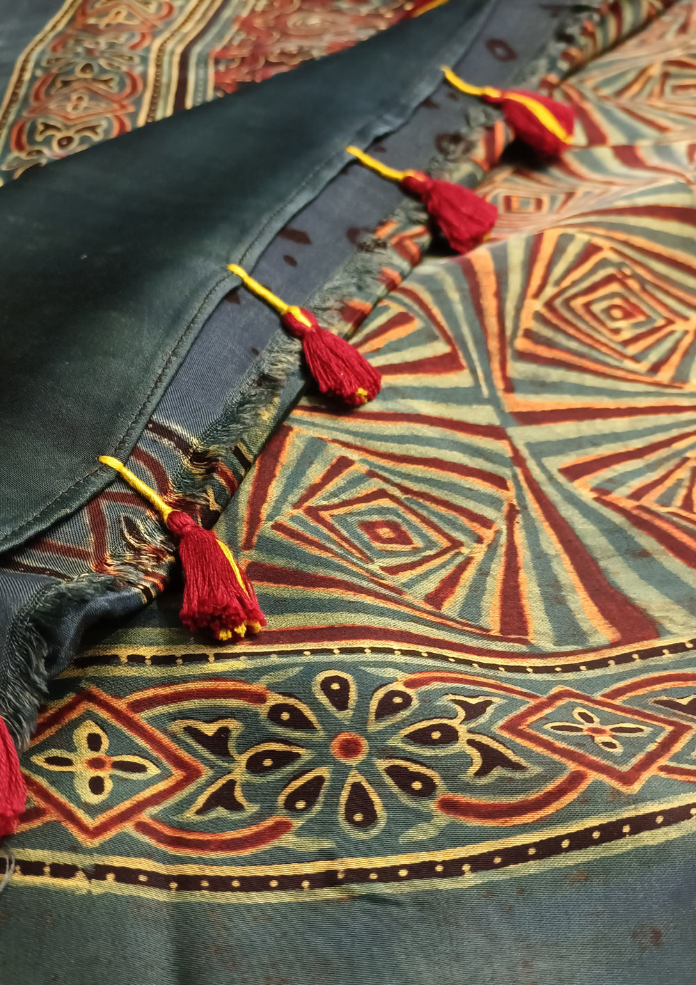 Ajrakh Handblock Printed Modal Saree- M12 Blue - Wefta