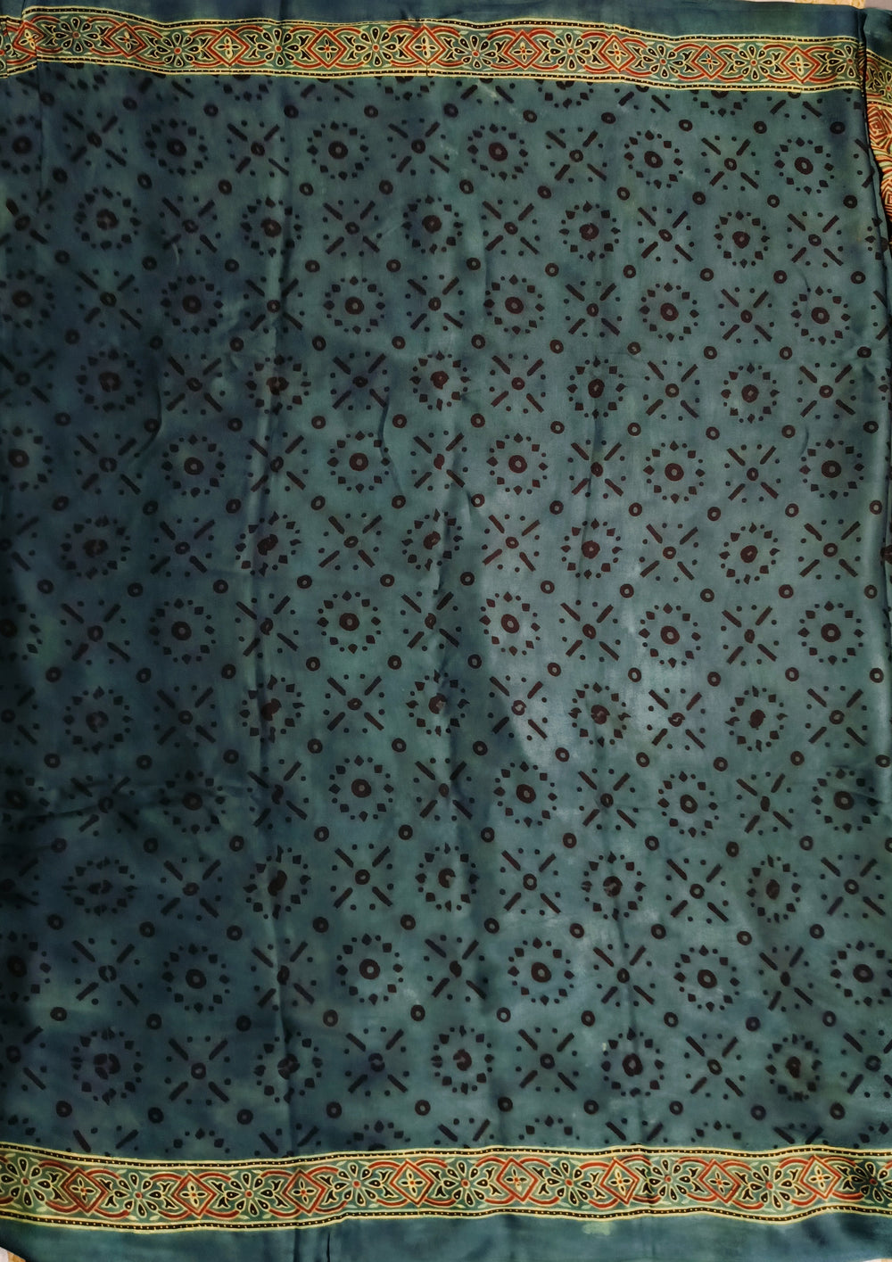 Ajrakh Handblock Printed Modal Saree- M12 Blue - Wefta