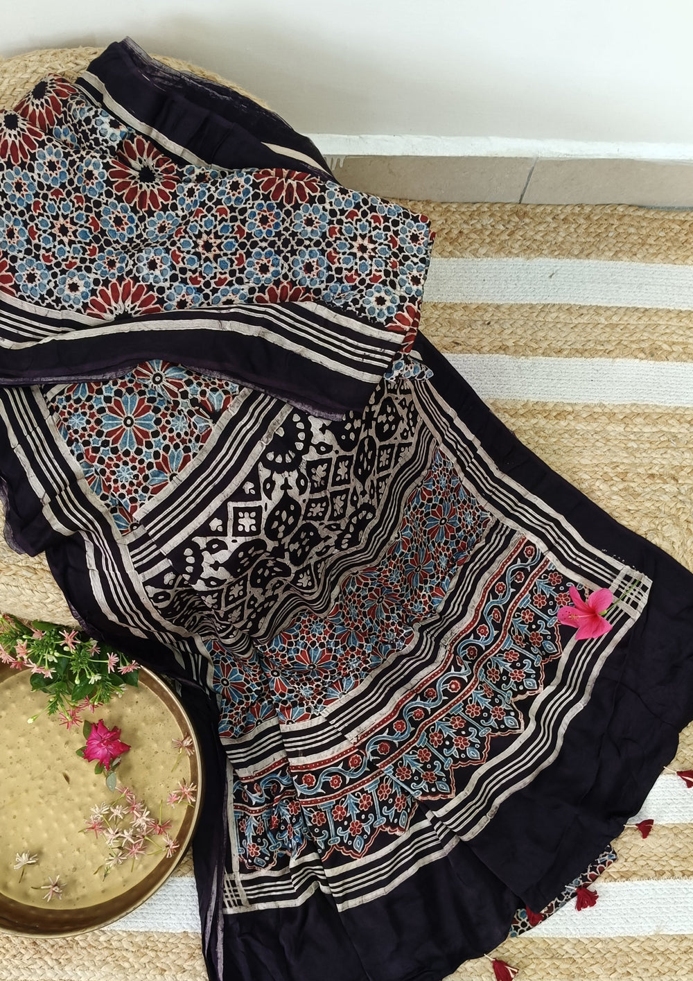 Ajrakh Handblock Printed Modal Saree - M14 Black - Wefta