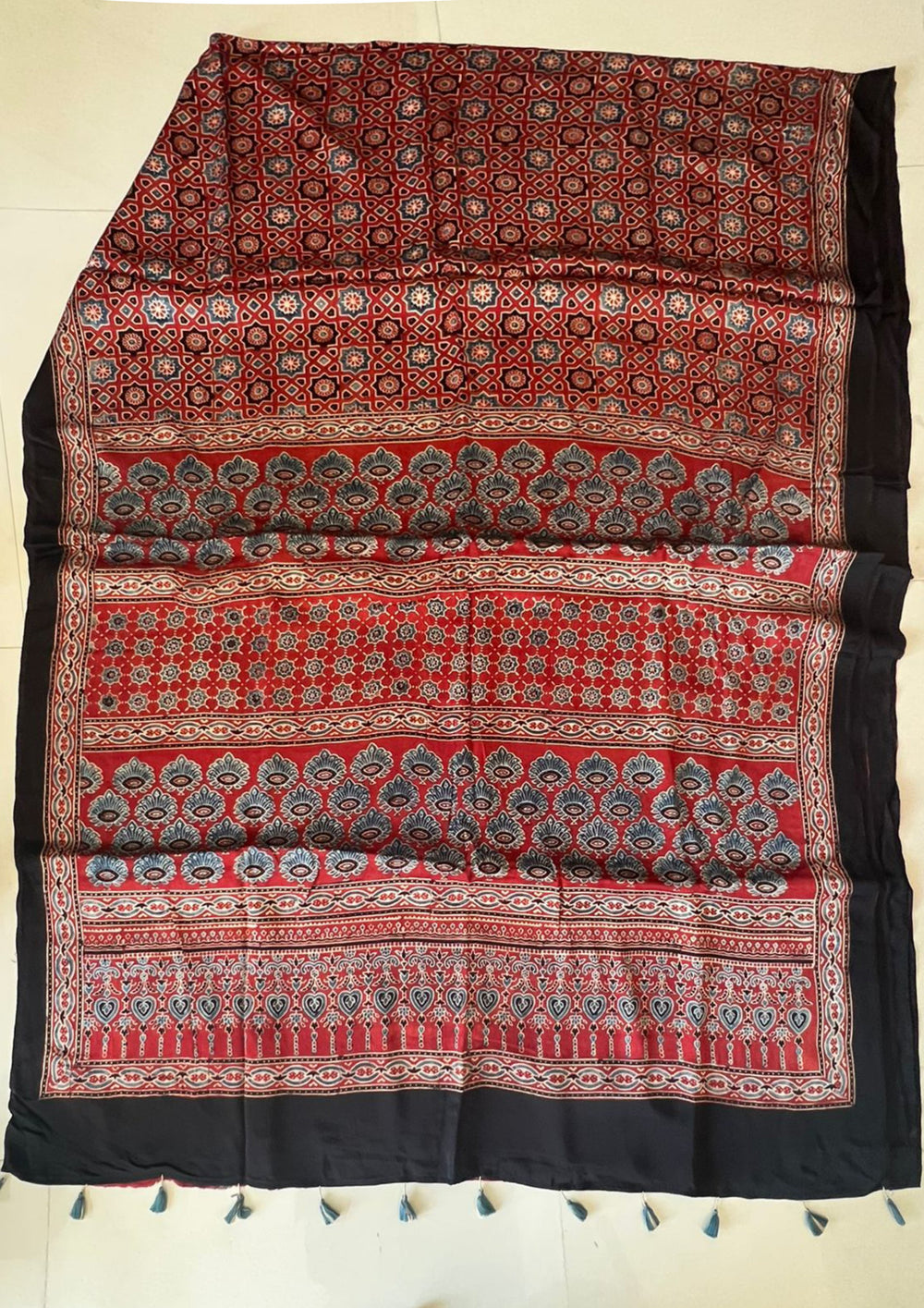 Ajrakh Handblock Printed Modal Saree- M17Ib Red - Wefta