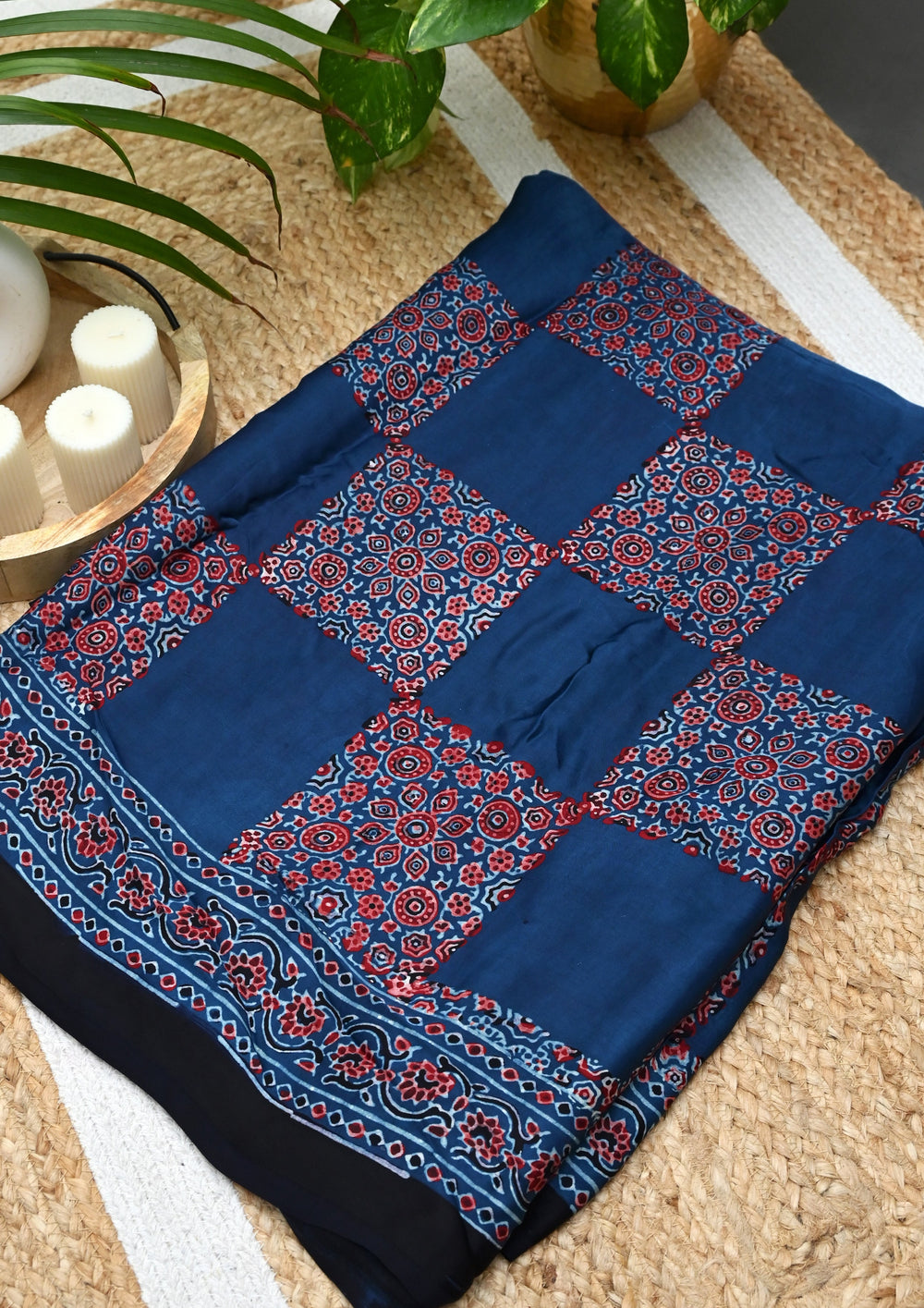 Ajrakh Handblock Printed Modal Saree - M2 Blue - Wefta