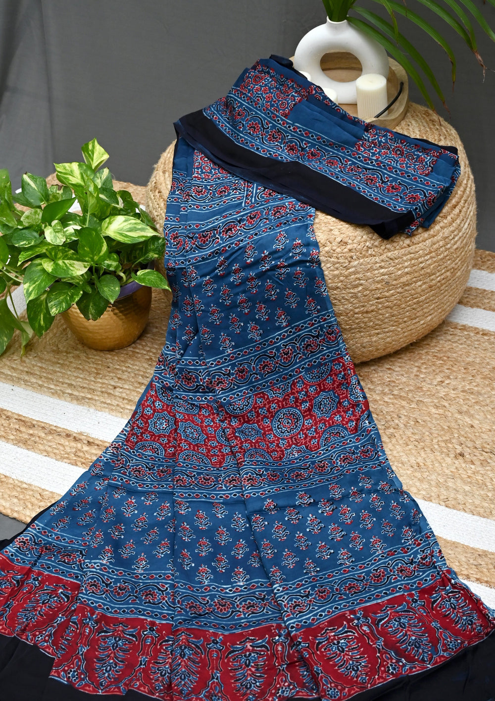 Ajrakh Handblock Printed Modal Saree - M2 Blue - Wefta