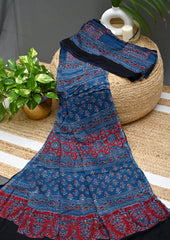 Ajrakh Handblock Printed Modal Saree - M2 Blue - Wefta