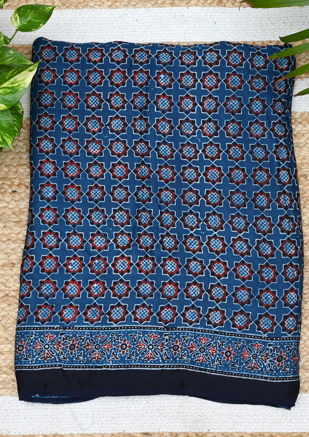 Ajrakh Handblock Printed Modal Saree- M3 Blue - Wefta