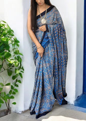 Ajrakh Handblock Printed Modal Saree- M3 Blue - Wefta