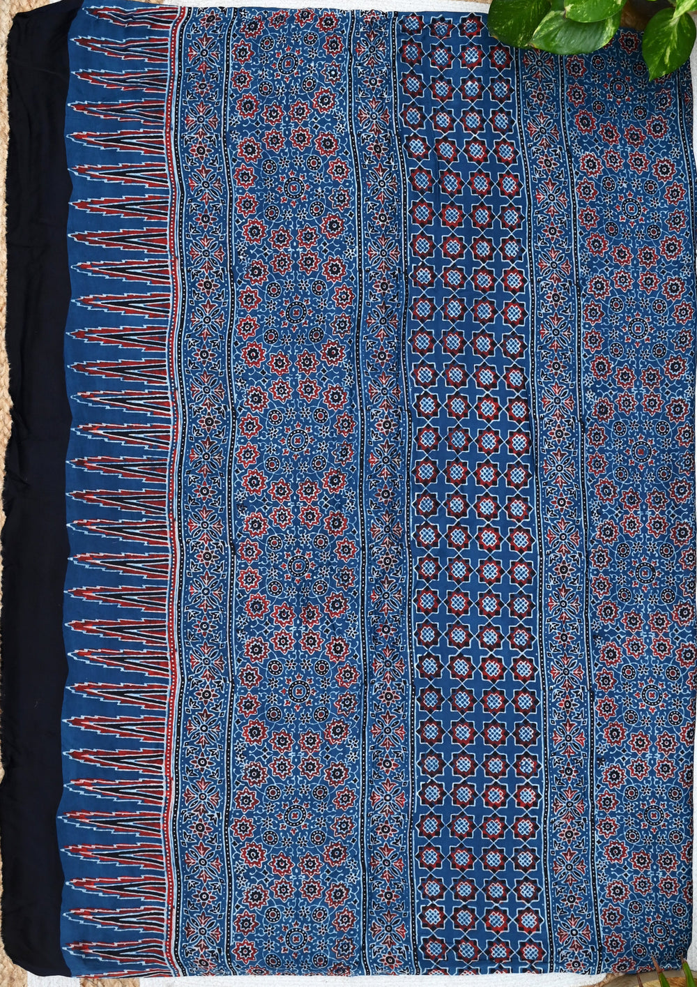 Ajrakh Handblock Printed Modal Saree- M3 Blue - Wefta