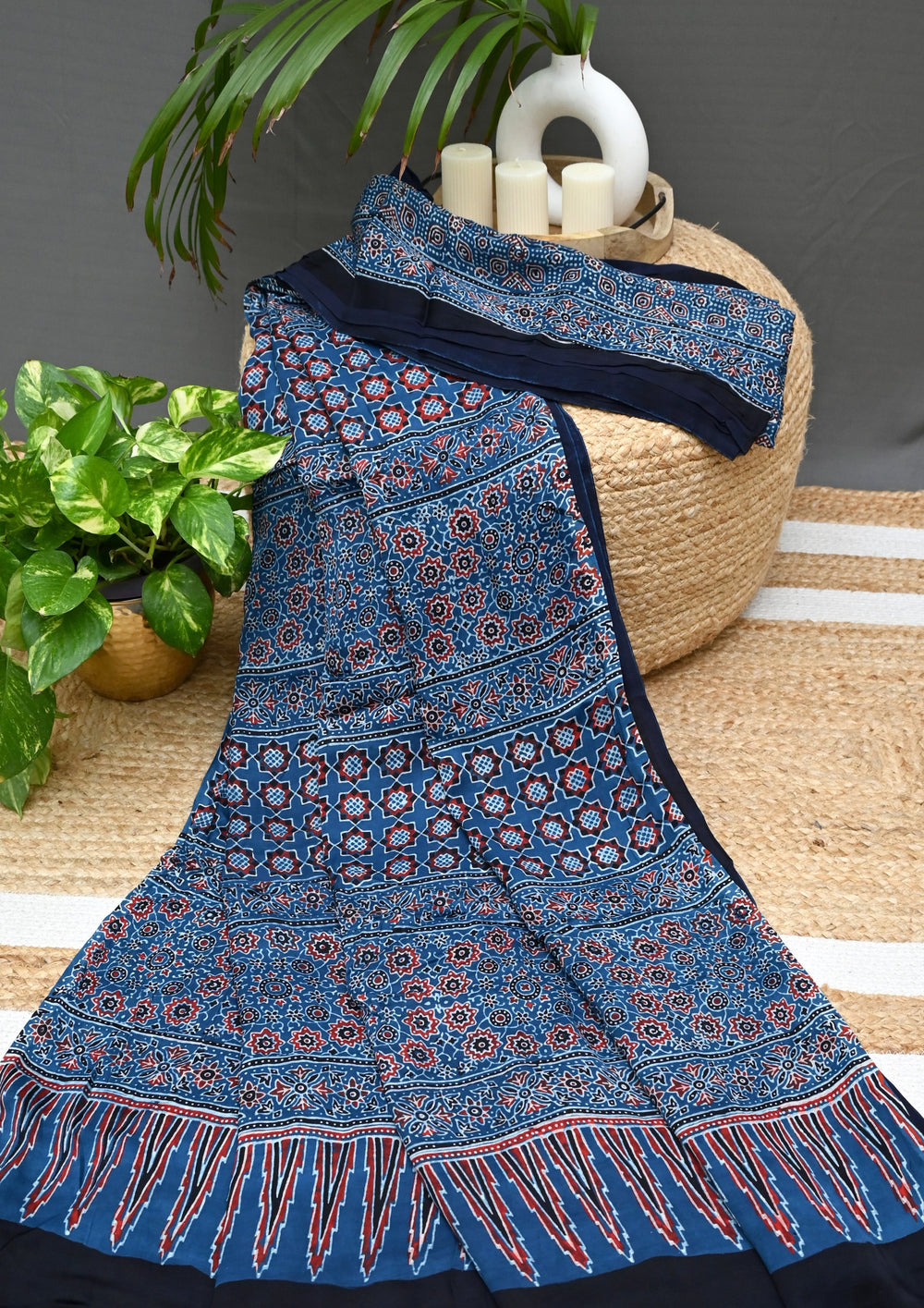 Ajrakh Handblock Printed Modal Saree- M3 Blue - Wefta
