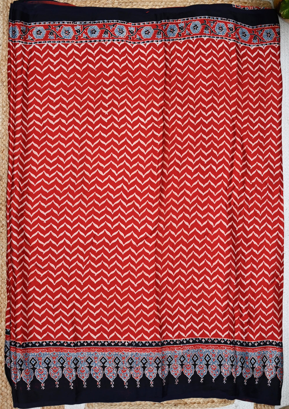 Ajrakh Handblock Printed Modal Saree- M4 Red - Wefta
