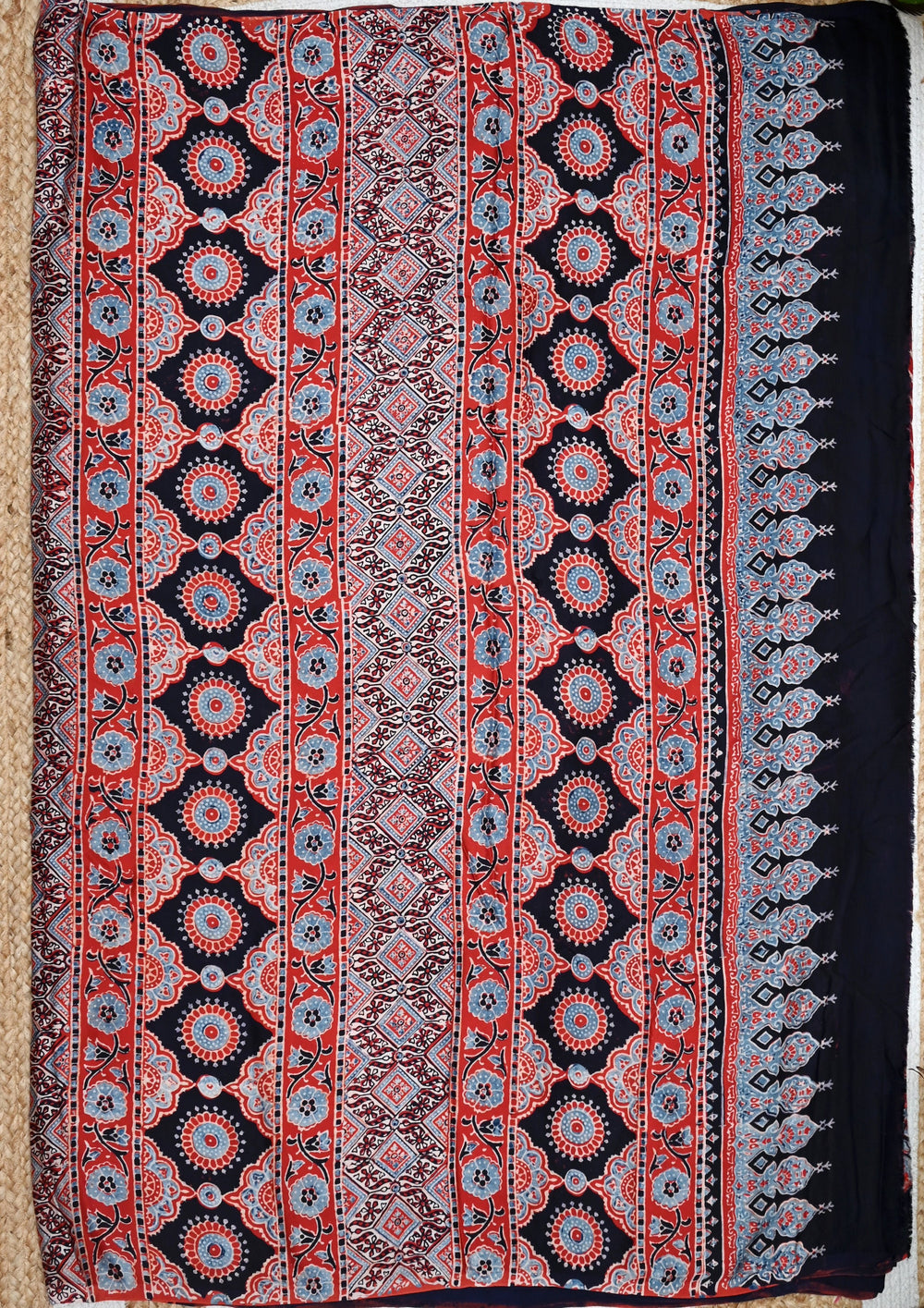 Ajrakh Handblock Printed Modal Saree- M4 Red - Wefta