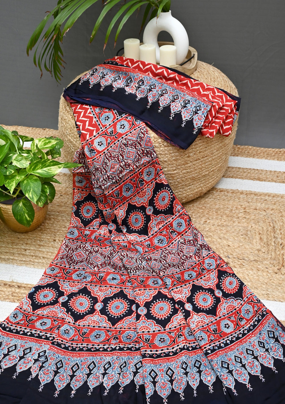 Ajrakh Handblock Printed Modal Saree- M4 Red - Wefta
