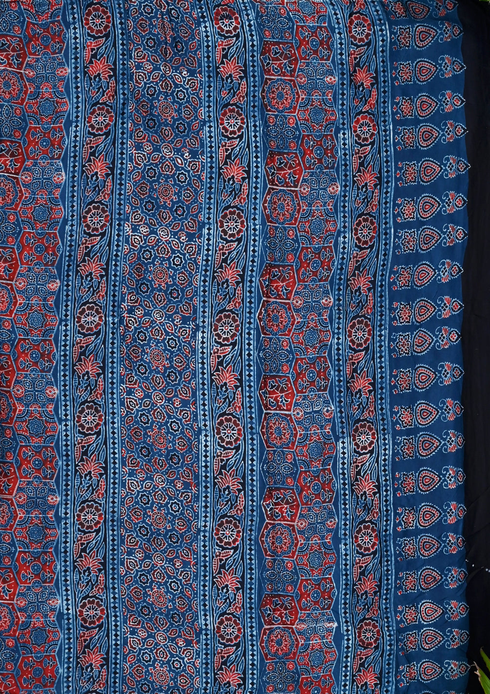 Ajrakh Handblock Printed Modal Saree- M5 Blue - Wefta