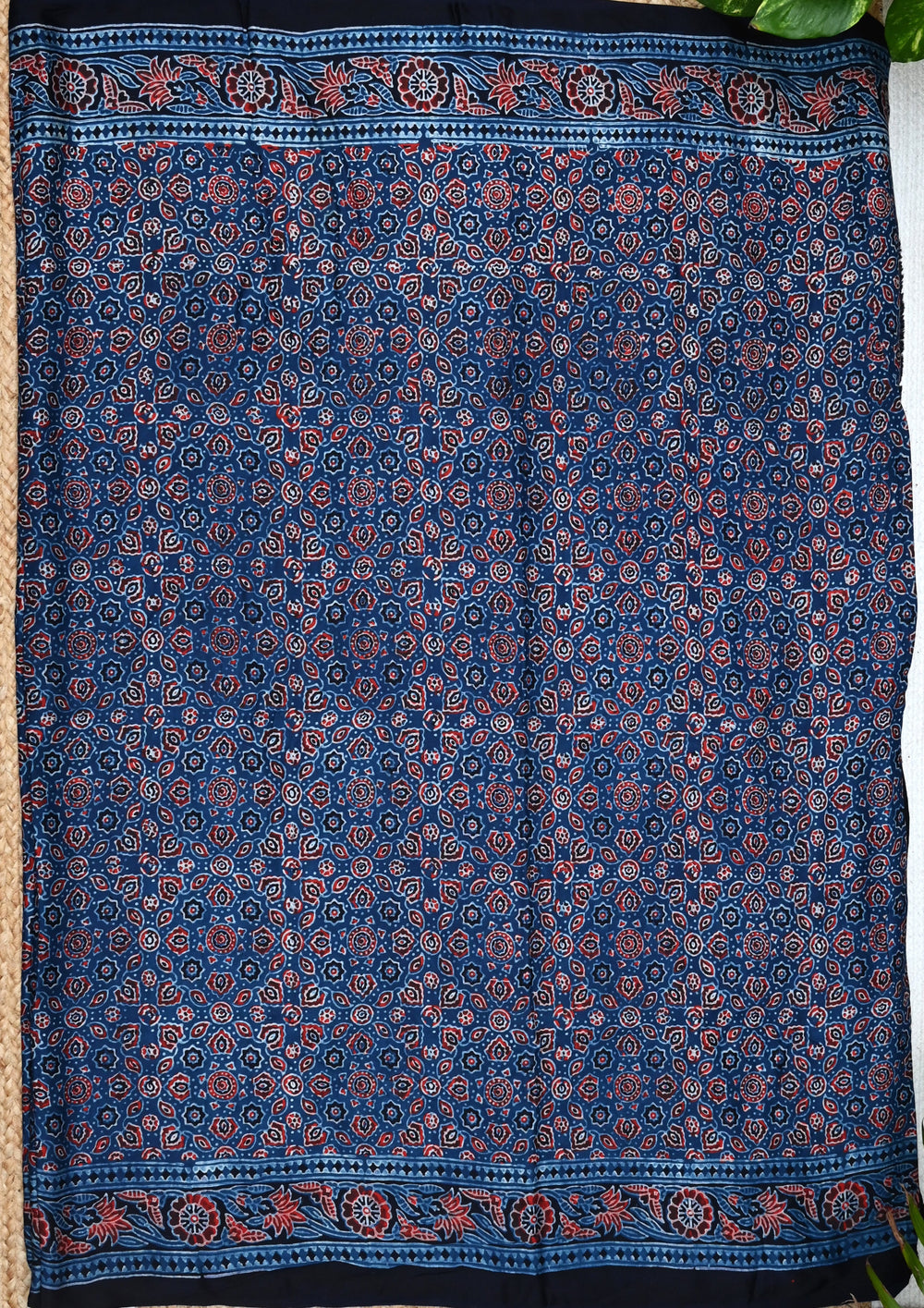 Ajrakh Handblock Printed Modal Saree- M5 Blue - Wefta