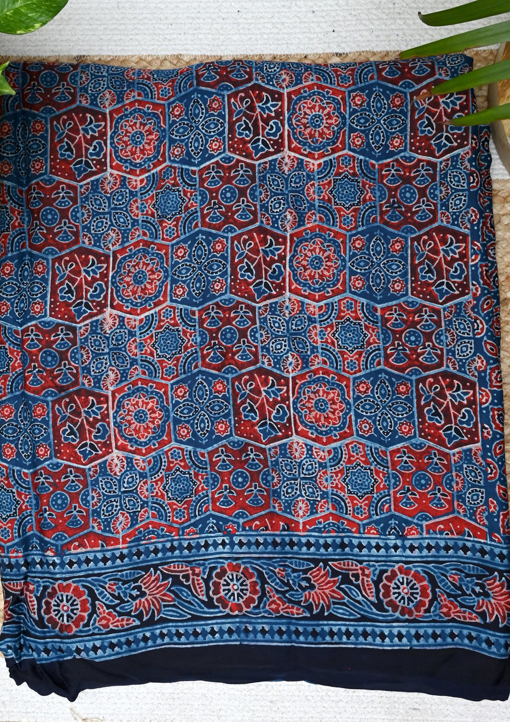 Ajrakh Handblock Printed Modal Saree- M5 Blue - Wefta
