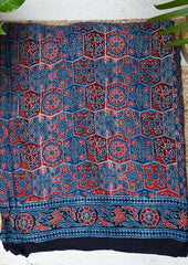 Ajrakh Handblock Printed Modal Saree- M5 Blue - Wefta