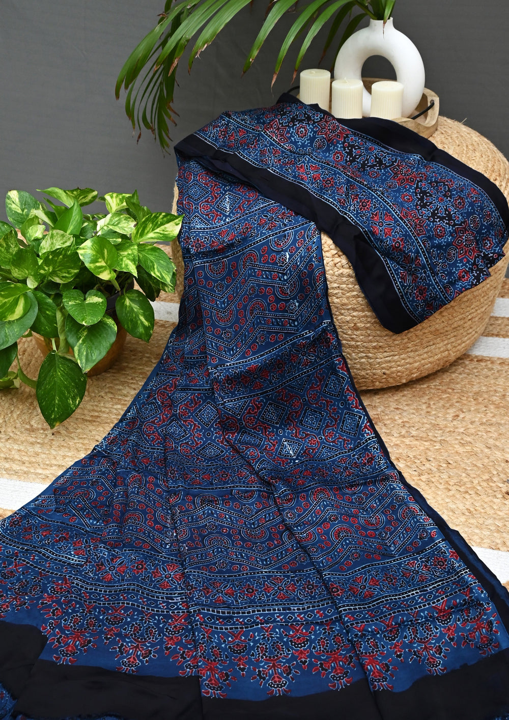 Ajrakh Handblock Printed Modal Saree- M6 Blue - Wefta