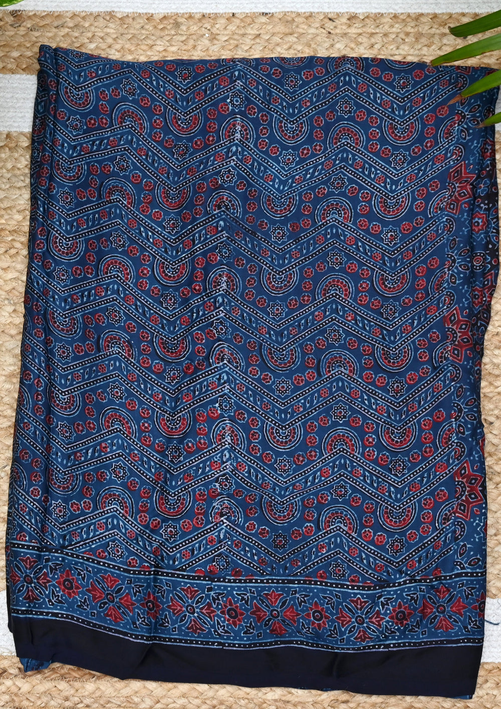 Ajrakh Handblock Printed Modal Saree- M6 Blue - Wefta