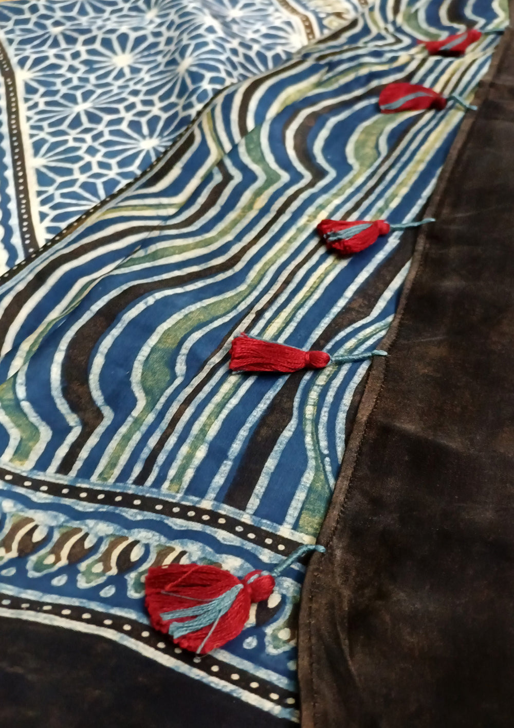 Ajrakh Handblock Printed Modal Saree- M7 Blue - Wefta
