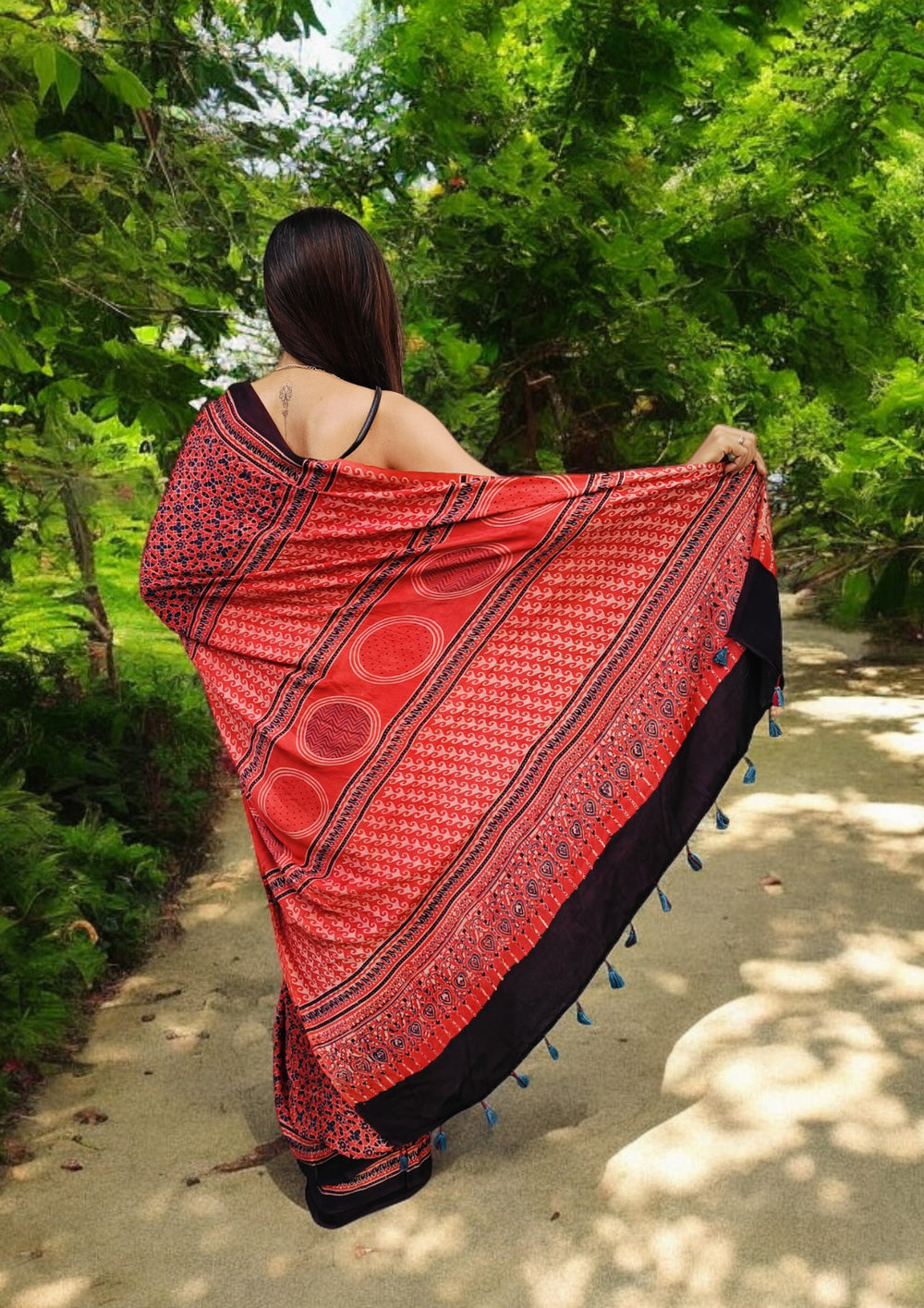 Ajrakh Handblock Printed Modal Saree- M8 Red - Wefta