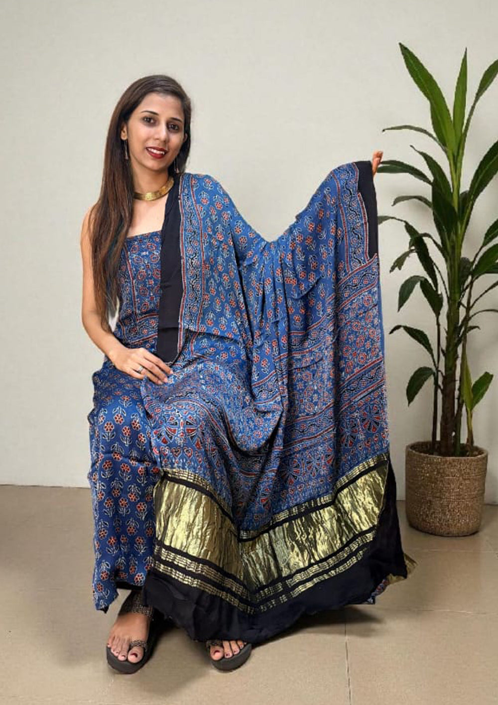 Ajrakh Handblock Printed Modal Suit - Blue Ajm2 - Wefta