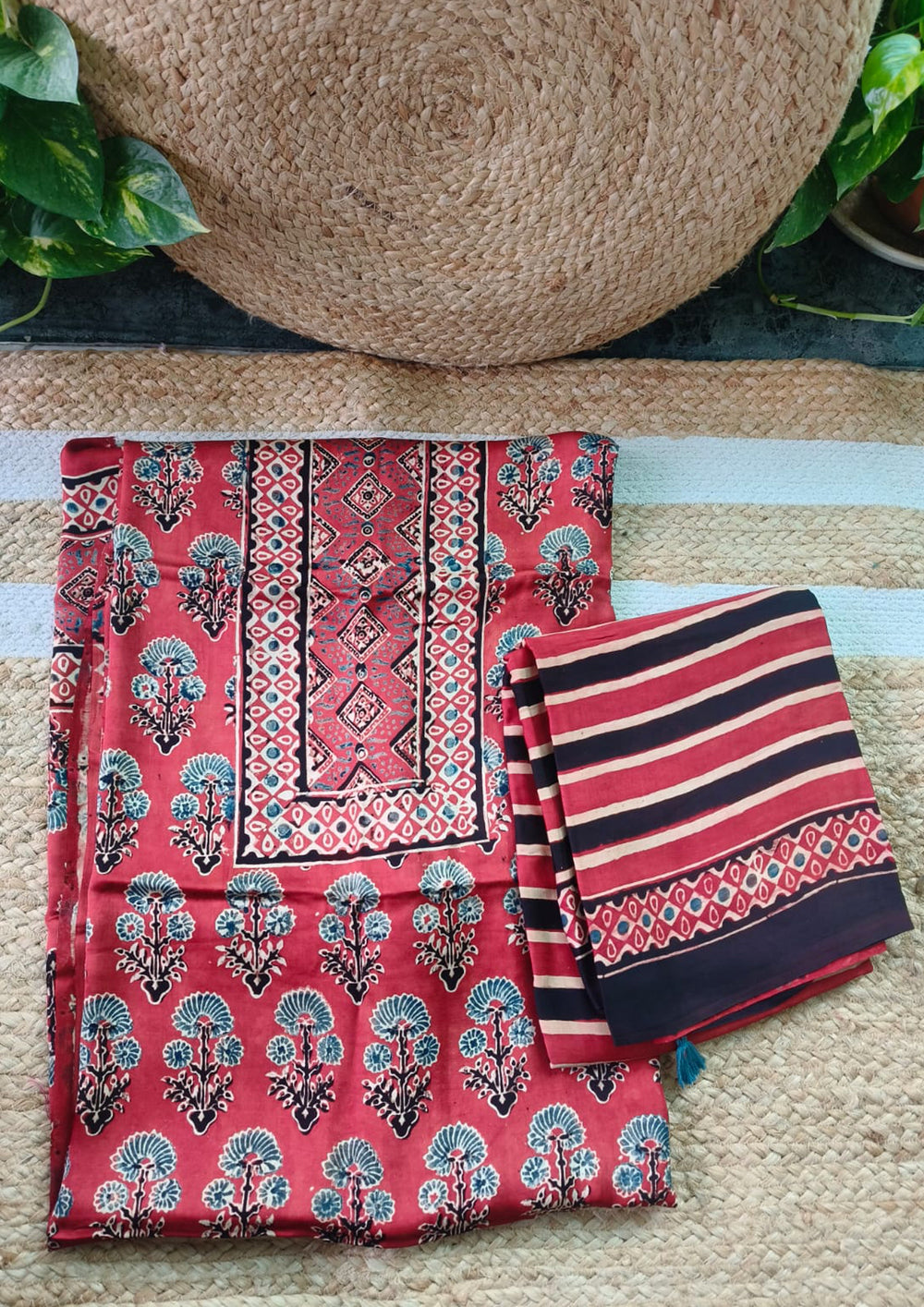 Ajrakh Handblock Printed Modal Suit - Red Ajm1 - Wefta