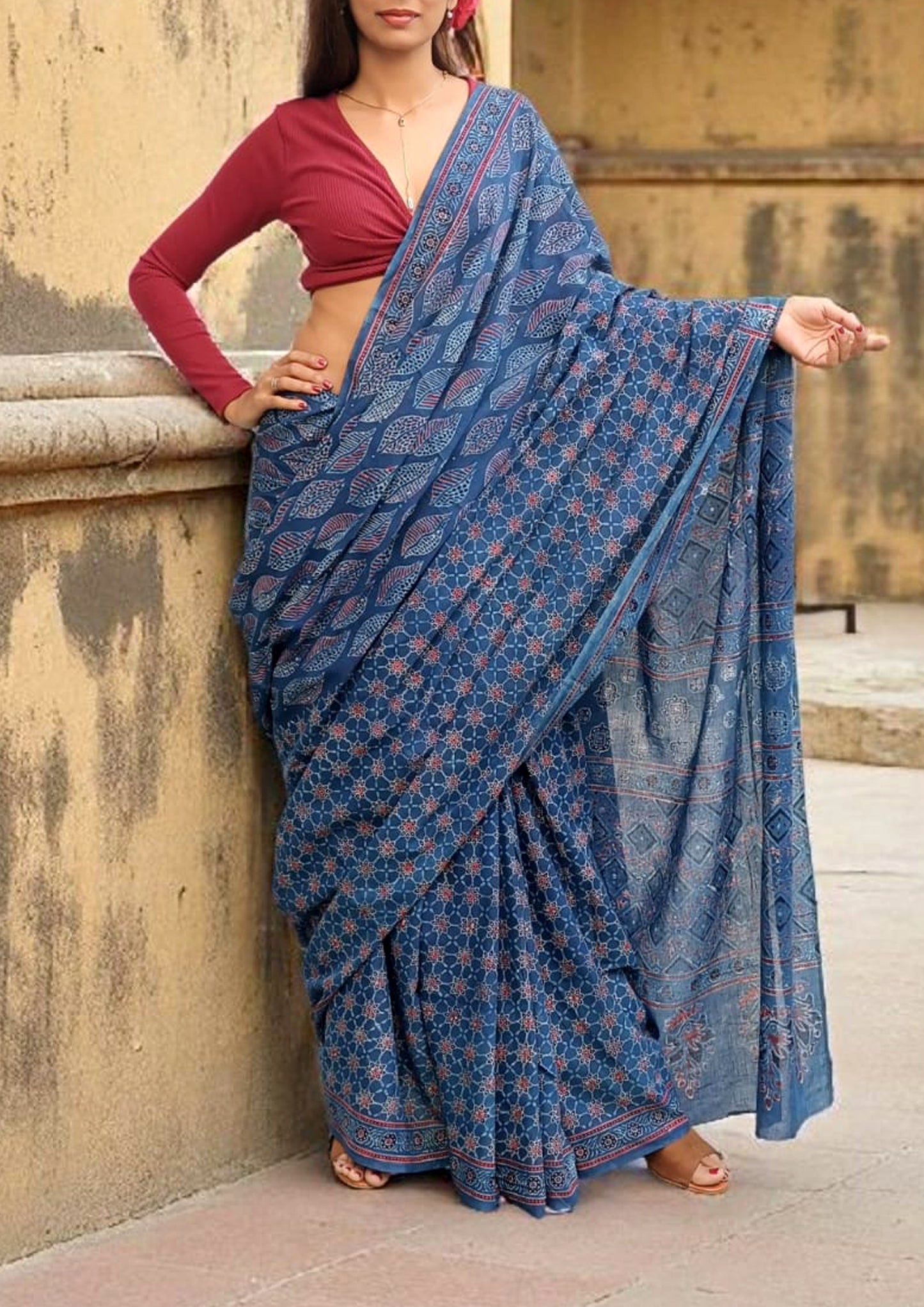 Ajrakh Handblock Printed Cotton Mulmul Saree- Mco1 Blue