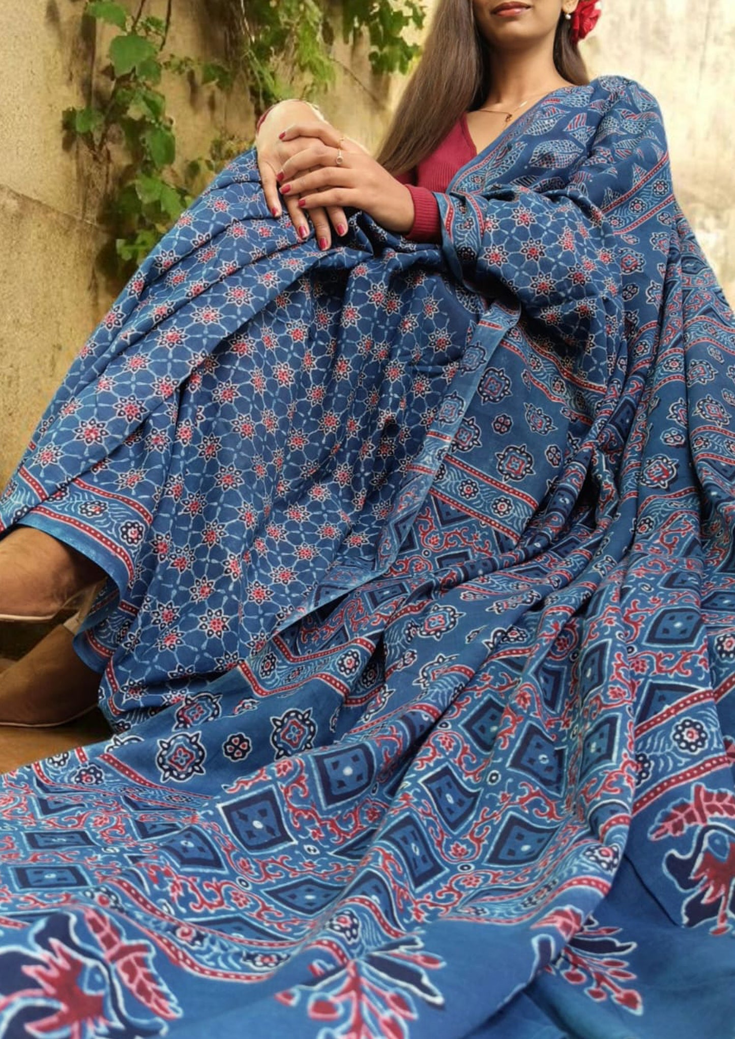 Ajrakh Handblock Printed Cotton Mulmul Saree- Mco1 Blue