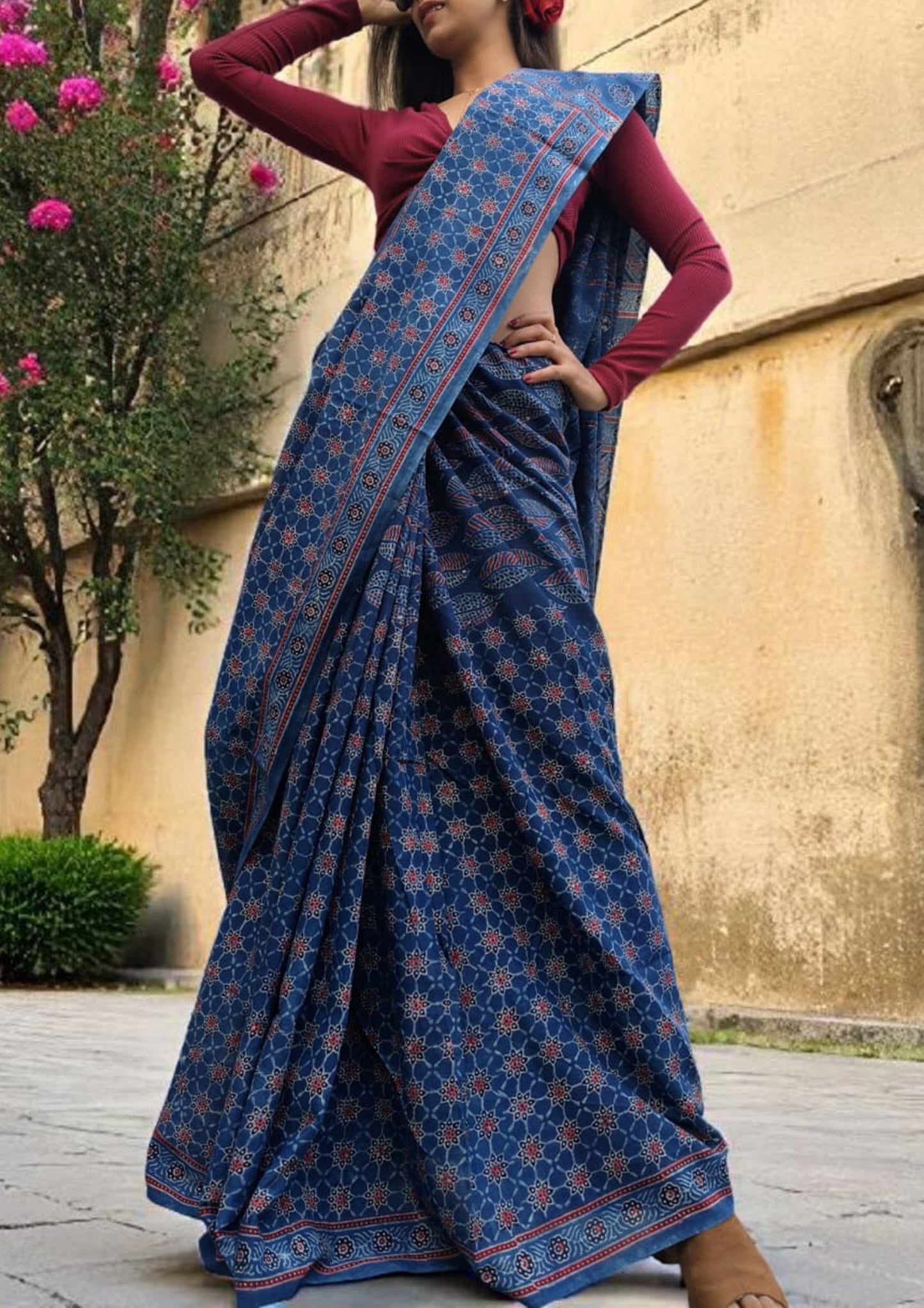 Ajrakh Handblock Printed Cotton Mulmul Saree- Mco1 Blue