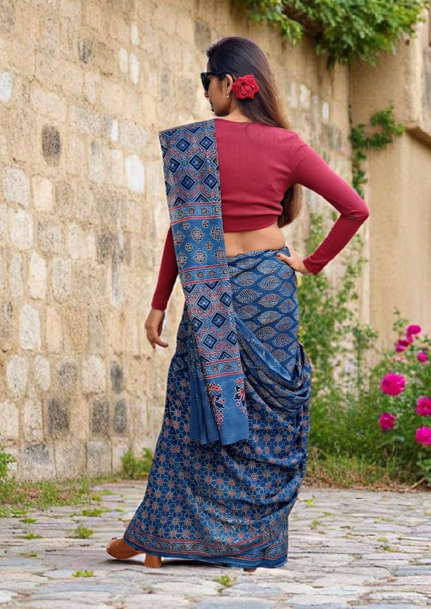 Ajrakh Handblock Printed Cotton Mulmul Saree- Mco1 Blue
