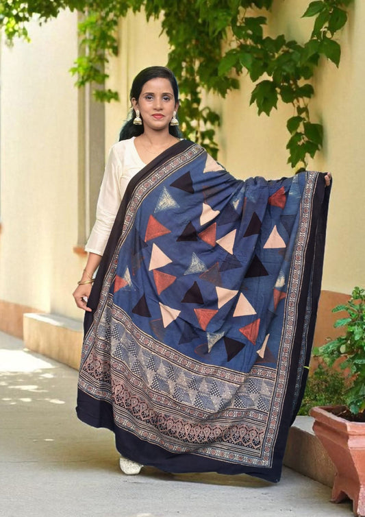 Ajrakh Cotton Dupatta- D1 Indigo
