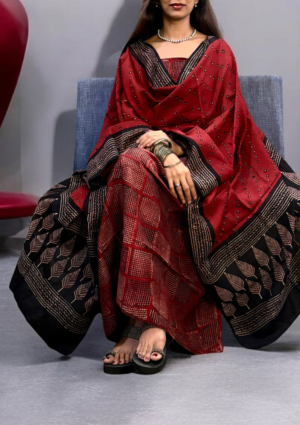 Bagru Chanderi Suit- Red 01 - Wefta