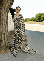 Bagru Handblock Print Cotton Mulmul Saree - Black - Wefta