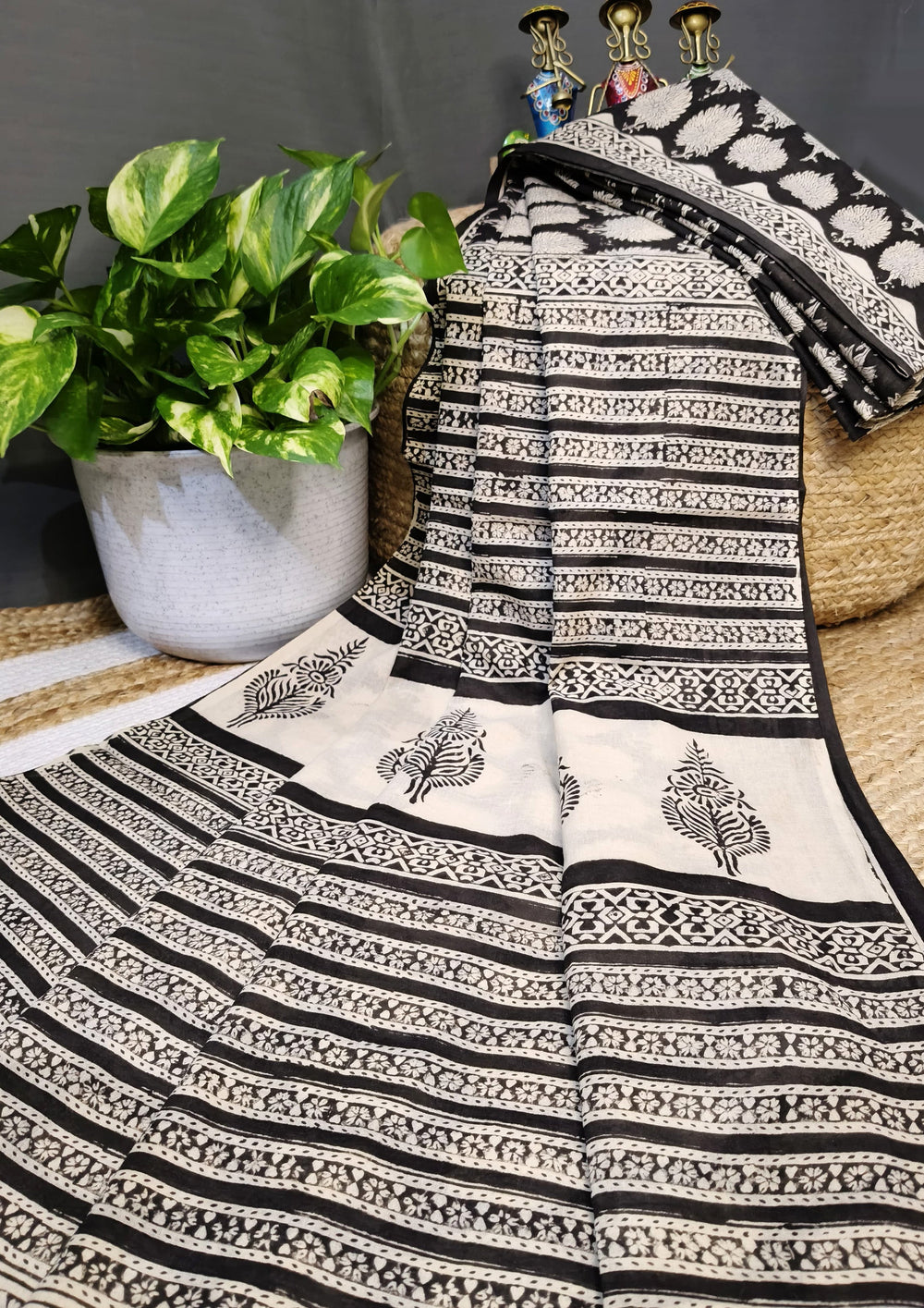 Bagru Handblock Print Cotton Mulmul Saree - Black - Wefta